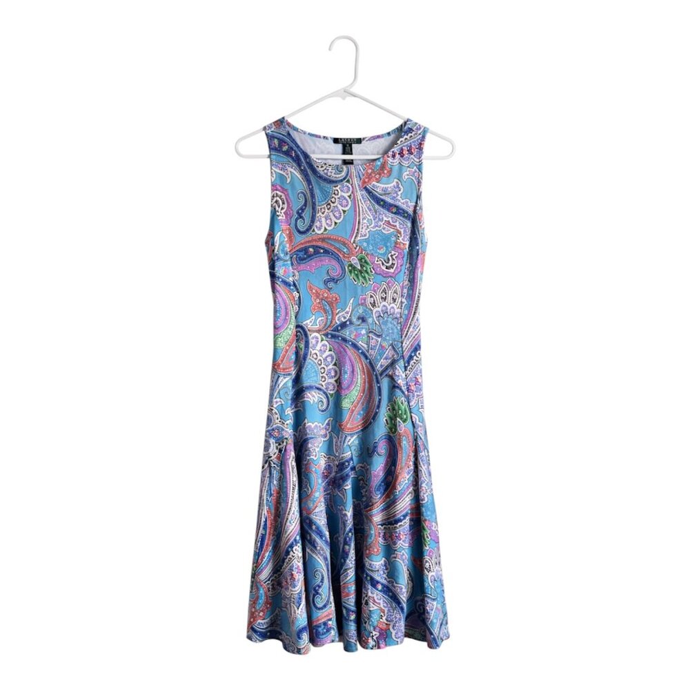 Lauren Ralph Lauren Paisley Fit & Flare Dress Blue Sleeveless Stretch Midi - Picture 3 of 6